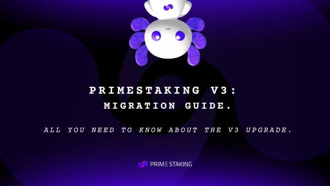 The image features a purple background with a white cartoon character hanging from the top of the frame. The text "PrimeStaking V3 migration is now live! All PsXDC V2 and XDC Staking NFT V2 holders MUST migrate before June 30, 2026 to continue earning rewards and move into the new self-serve staking system." This message provides information about a migration guide for those who have already migrated using the old operator-driven model. The image is accompanied by a caption that explains what it is depicting in more detail.