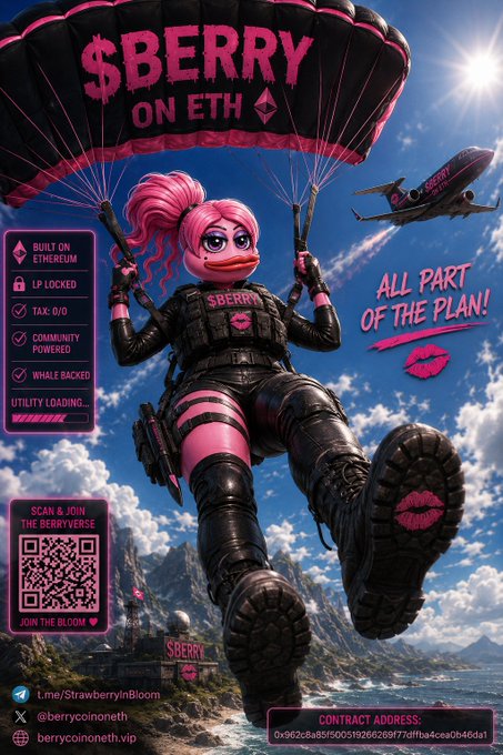 Crypto meme advertisement for '$BERRY ON ETH' featuring a pink-haired female duck character parachuting with guns, including features like 'LP LOCKED', 'TAX: 0/0', 'WHALE BACKED', a QR code, and the contract address '0x962c8a85f5059266269f77dffba4ca0b46da1'.
