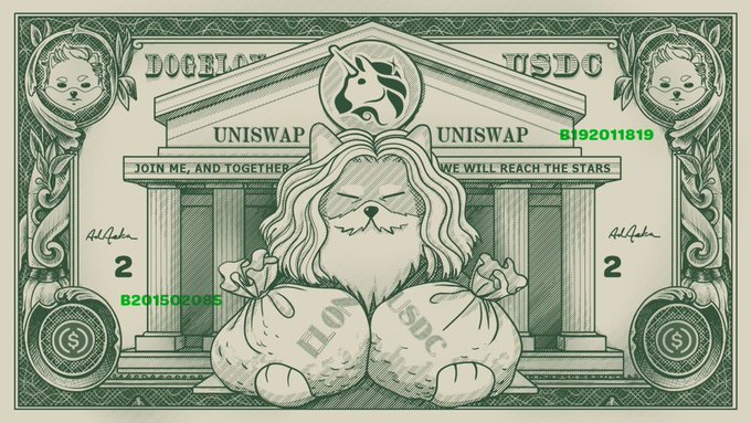 The image features a $USDC bill with various cartoon illustrations, including one depicting a cartoon cat sitting atop two piles of money and another featuring a cartoon elephant with a green unicorn on its head holding some money. There are also several text descriptions present in the image that may provide information about the denomination of the bill or any special characteristics of it. However, based on the provided context, this specific element seems to be focused on showcasing the artistic illustrations rather than providing specific information about the value or denomination of the bill.