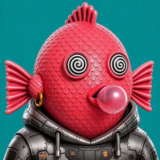 A 3D rendered red fish-like creature with pink lips blowing a bubble, wearing a metallic astronaut suit against a teal background.