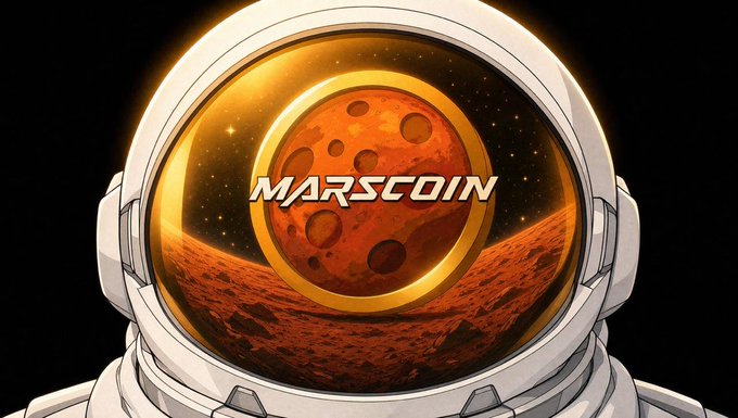 An astronaut helmet with a reflective gold visor reflecting a Mars-like planet, with the text 'MARSCOIN' displayed across the center.