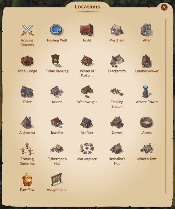 A video game menu displays various location icons under the header 'Locations', including Proving Grounds, Healing Well, Guild, Merchant, Altar, and other buildings like Tribal Lodge, Blacksmith, and Marketplace.