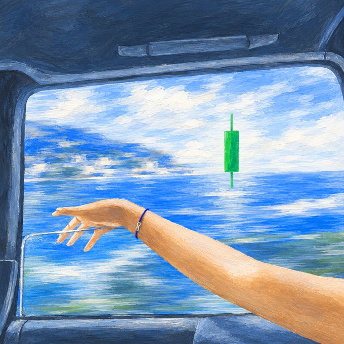 An outstretched arm with a delicate bracelet reaches out of a car window toward a green candlestick floating against a sky-blue backdrop, capturing a serene, surreal moment of freedom on the road. The image complements the post's message by pairing the green candlestick with "green view" and the wind-swept gesture with "wind's good," visually reinforcing the GM trading ticker.