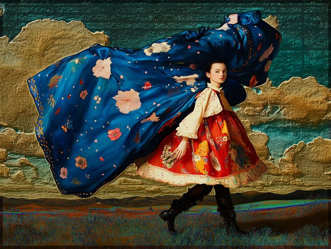 The image features a woman wearing an ornate dress with blue flowers and red accents, walking through a field of grass. The sky above her is filled with clouds, creating a serene atmosphere for the scene. The photo has been edited to include a caption that reads "gm and Happy Friday to everyone! Carry the world everyday courage rarely looks like a grand gesture, it's a quiet strength as we carry our own sky full of light, rain, storms, weight, and beauty".