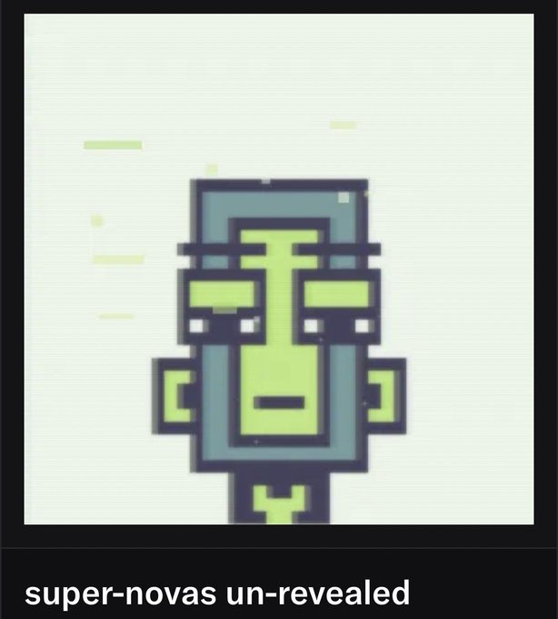 A pixelated illustration of a green-faced, bespectacled character with a neutral expression is shown with the caption 'super-novas un-revealed' at the bottom.