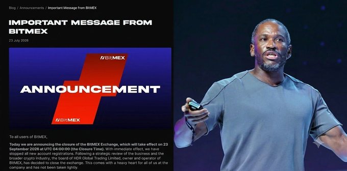 The image shows a BitMEX blog post dated July 23 announcing the closure of the BitMEX Exchange on 23 September 2025, alongside a photo of BitMEX co-founder Arthur Hayes speaking at an event. This relates to the caption by drawing a parallel between the collapse of FTX followed by a bull market, and now questioning what will follow the closure of BitMEX.