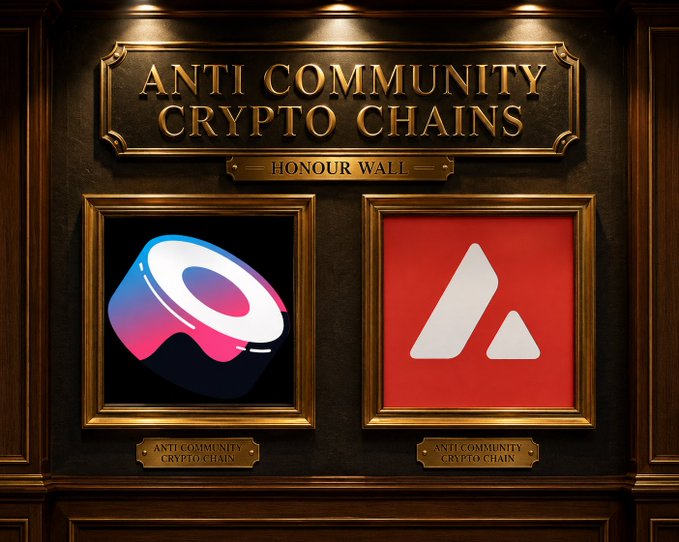 An ornate 'ANTI COMMUNITY CRYPTO CHAINS HONOUR WALL' displaying two framed crypto logos: one with a colorful gradient eye-like design and another with a white 'A' logo on red background, each labeled 'ANTI COMMUNITY CRYPTO CHAIN'.