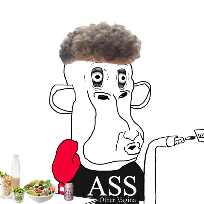 The image shows a crudely drawn wojak-style cartoon character with curly brown hair and an exaggerated long face, holding a vape pen, with images of healthy foods (salad, milk, edamame, La Croix) on one side and the text "ASS" with "Other Vagina" beneath it on his shirt.

The post mocks the character for being a "dumb wojak," suggesting the wojak stereotype of someone who thinks eating healthy and vaping while prioritizing sex (per the shirt slogan) makes them enlightened, but the crude art style and absurd wordplay highlight the self-serious posturing.