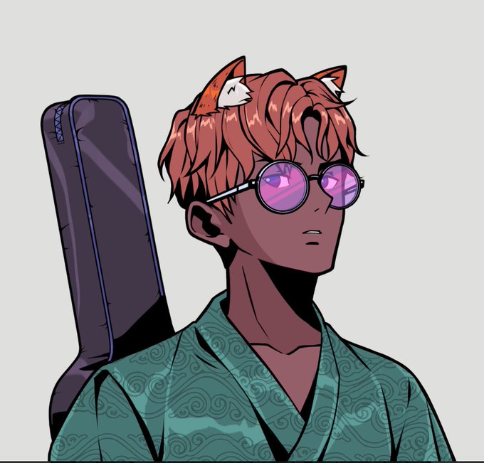 An anime-style digital illustration depicts a dark-skinned character with orange hair, fox-like ears, purple round sunglasses, and a green patterned kimono, with a long dark case strapped to their back.