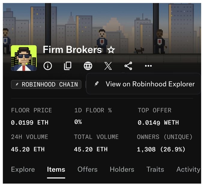 A dark-themed NFT marketplace page shows the 'Firm Brokers' collection on the Robinhood Chain, with a floor price of 0.0199 ETH and a 24-hour volume of 45.20 ETH.
