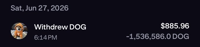 A transaction record dated Saturday, June 27, 2026, showing a DOG withdrawal of 1,536,586.0 DOG valued at $885.96 at 6:14 PM. The image illustrates self-custody of $DOG, with the user moving their own tokens off an exchange to hold them independently.