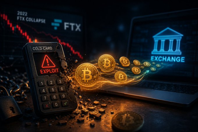 The image shows a "Cold Card" hardware wallet displaying an "EXPLOIT" warning alongside Bitcoin coins flowing toward an "EXCHANGE," with a chart in the background referencing the "2022 FTX COLLAPSE." It illustrates the post's point about a reversal of past behavior—in 2022, funds fled to cold wallets after FTX, but now investors are moving Bitcoin back onto exchanges.