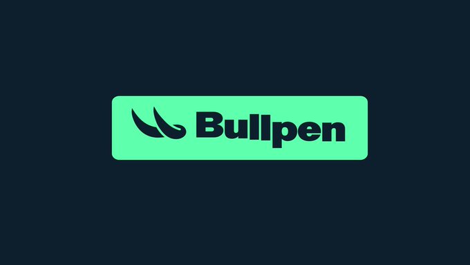 A simple logo on a dark background featuring a green rounded rectangle with the text 'Bullpen' and a stylized graphic to its left.