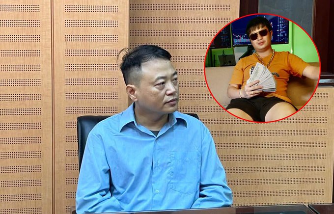 A man in a light blue shirt sits in what appears to be a formal setting, with an inset circular photo showing a younger person in sunglasses and an orange shirt holding a thick stack of cash.
