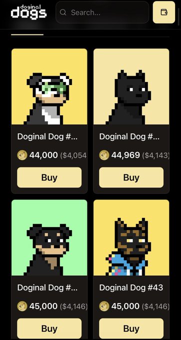 A mobile app interface titled 'doginal dogs' displaying a grid of four pixel-art dog NFTs for sale, with prices ranging from 44,000 to 45,000 (approximately $4,054 to $4,146) and 'Buy' buttons beneath each.