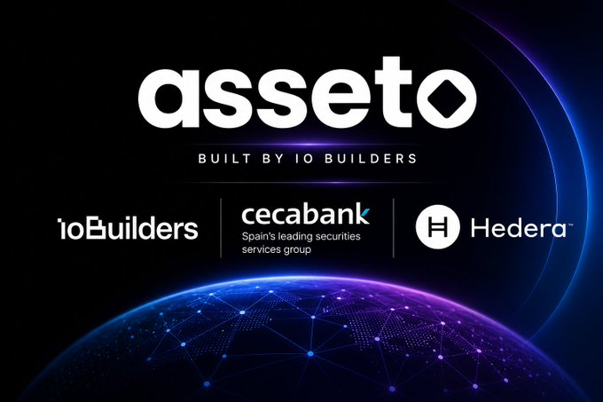 The image features a promotional graphic displaying the "asseto" logo with the tagline "BUILT BY IO BUILDERS," alongside partner logos for ioBuilders, Cecabank (described as "Spain's leading securities services group"), and Hedera, set against a stylized blue globe design representing global financial connectivity. It visually represents the partnership announcement of Cecabank adopting the Asseto digital asset management platform built by ioBuilders on the Hedera network.