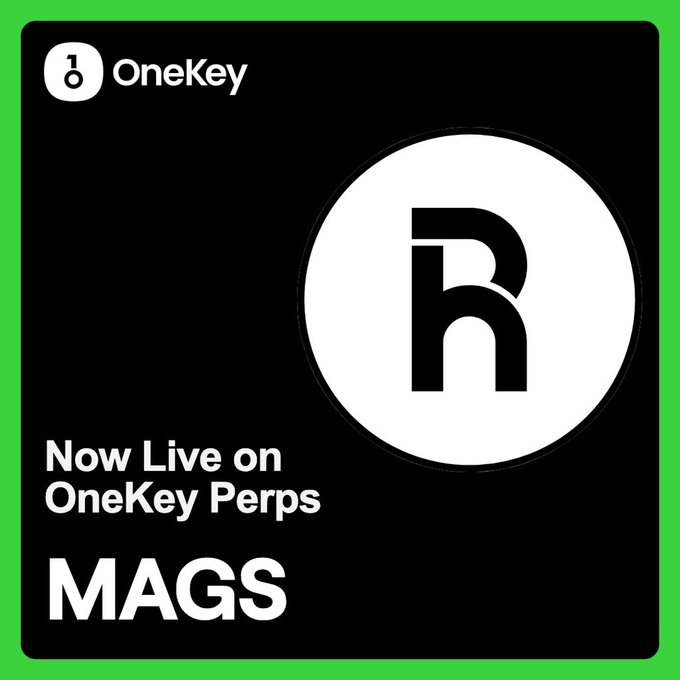 A black and white promotional image announcing that MAGS is 'Now Live on OneKey Perps,' featuring the OneKey logo and the stylized 'M' MAGS token logo.