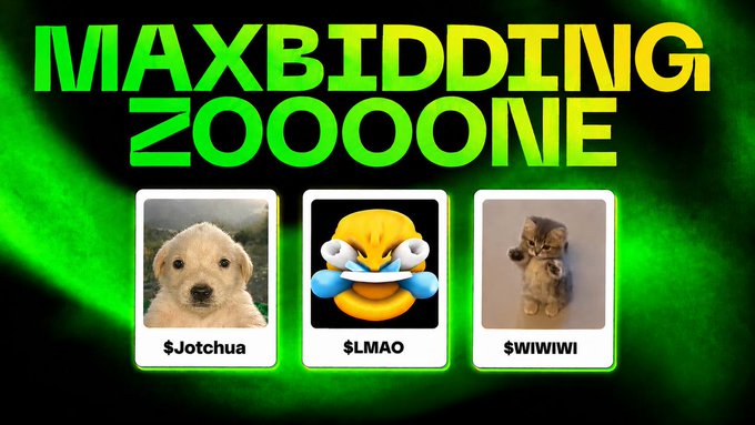 A promotional graphic announcing "MAXBIDDING ZOOOONE DAY" on a green background, featuring three image cards labeled $Jotchua (golden retriever puppy), $LMAO (laughing crying emoji), and $wiwiwi (kitten covering its eye), tied to a Solana memecoin community event scheduled for August 5th at 7pm Dubai / 11AM EST.