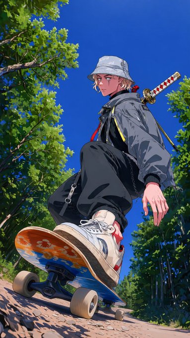 An anime-style illustration of a character wearing a bucket hat, black jacket, and sneakers, with a katana on their back, riding a skateboard on a dirt path surrounded by trees under a blue sky.