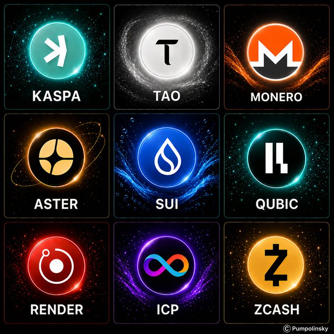 A 3x3 grid of nine cryptocurrency logos displayed on circular glowing icons—Kaspa ($KAS), Bittensor ($TAO), Monero ($XMR), Aster ($ASTER), Sui ($SUI), Qubic ($QUBIC), Render ($RENDER), Internet Computer ($ICP), and Zcash ($ZEC)—asks viewers to choose their single favorite among the highlighted altcoins.