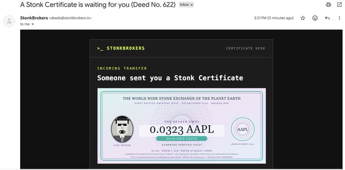 An email notification from StonkBrokers announces an incoming transfer, displaying a Stonk Certificate for "0.0323 AAPL" (Apple Inc.) valued at $0.00 face value, shared by a user excited to "clock in" on the StonkBrokers certificate desk.