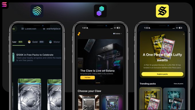 Mobile app interface displaying three screens related to Solana-based digital collectibles and Packs, featuring logos for Spotify and another brand at the top.