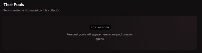 A dark screen displays the text 'Their Pools' with a subtitle 'Pools created and curated by this collector,' along with a 'COMING SOON' badge and a message about personal pools.