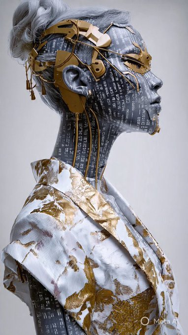 A detailed 3D-rendered figure features skin covered in code-like text and gold mechanical face plates, wearing a white and gold patterned top, with a 'Meta AI' watermark in the corner.