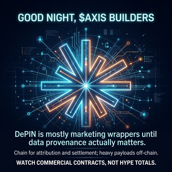 A glowing blue and orange starburst graphic is displayed with the heading 'GOOD NIGHT, $AXIS BUILDERS' and a message stating 'DePIN is mostly marketing wrappers until data provenance actually matters.'