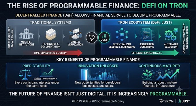 An infographic titled 'THE RISE OF PROGRAMMABLE FINANCE: DEFI ON TRON' comparing traditional financial systems (slow, manual) with the Tron DeFi ecosystem (efficient, predictable, automated). Key benefits listed include Predictability, Innovation Unlocked, and Continuous Maturity, with the tagline 'THE FUTURE OF FINANCE ISN'T JUST DIGITAL. IT IS INCREASINGLY PROGRAMMABLE.' branded with #TRON and #DeFi hashtags.