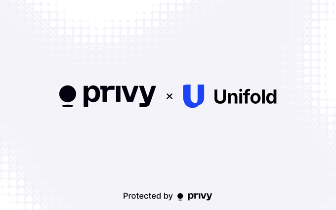 A graphic displaying a partnership logo: 'privy x Unfold' in black and blue text on a light grey background with a subtle plus-sign pattern, along with the text 'Protected by privy' at the bottom.