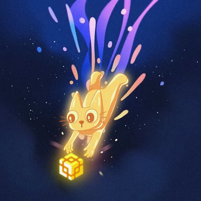 Digital artwork of a glowing orange cat reaching down toward a bright yellow cube against a dark, starry background with purple and blue flame-like effects.