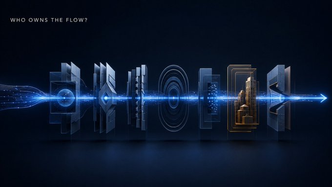 A horizontal blue flow of light and data threads through a series of abstract 3D blocks and panels, with the phrase "WHO OWNS THE FLOW?" displayed in the upper left corner, visually representing the post's theme of control over DeFi infrastructure and capital movement.
