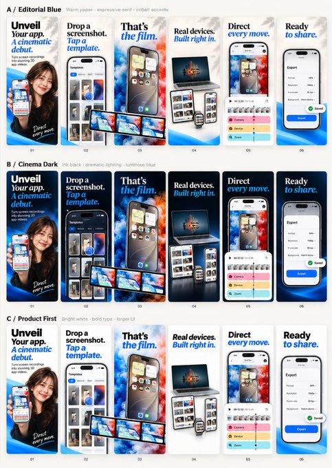 A design presentation showing three sets (A/Editorial Blue, B/Cinema Dark, C/Product First) of six-step app store screenshots featuring smartphone mockups, laptop screens, and smartwatch displays.