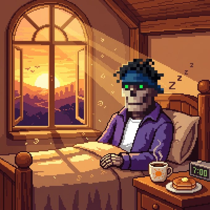 A pixel art illustration of a skeleton wearing a blue beanie and purple robe sleeping in bed at sunset, with a digital clock reading 7:00 and a breakfast of pancakes and coffee on the nightstand.