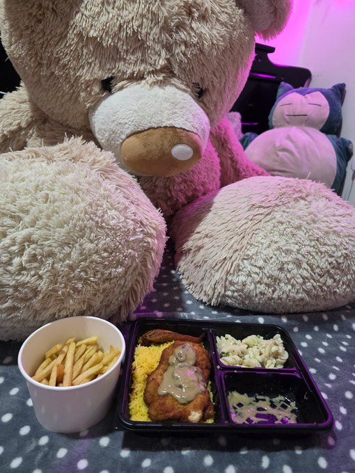 A large teddy bear and a Snorlax plush sit behind a bento-style meal tray containing fries, rice, fried chicken, mac and cheese, and a sauce, set on a polka-dot blanket.