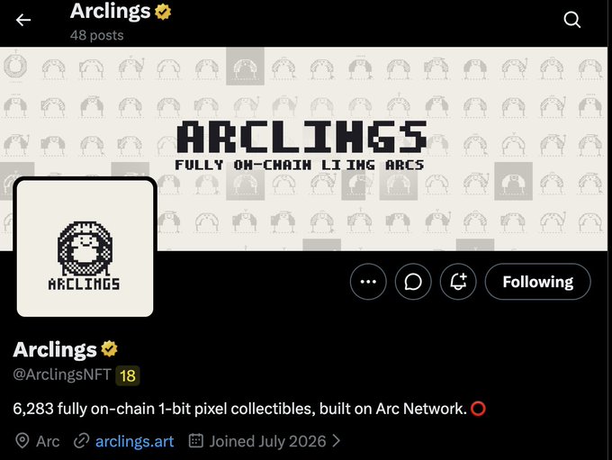 Screenshot of a Twitter/X profile for 'Arclings' (@ArclingsNFT), described as 6,283 fully on-chain 1-bit pixel collectibles built on Arc Network, with 48 posts and a July 2026 join date.