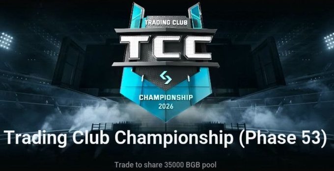 A promotional graphic for the "Trading Club Championship (Phase 53)" featuring a teal shield logo with "TCC" and "Championship 2026" text, advertising a 35000 BGB trading pool. The accompanying post details the tiered reward structure for the #Bitget S53 ladder, showing that participants must meet both a volume threshold and ranking to earn BGB rewards ranging from 10 to 2,000 BGB, with the event closing on Tuesday, July 28 at 15:59 UTC.