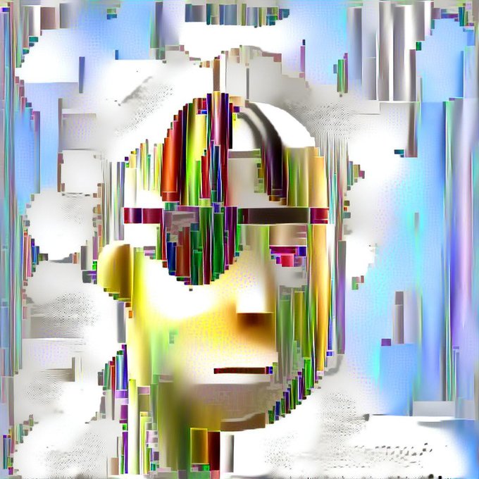 An abstract, heavily distorted digital artwork resembling overlapping colorful vertical bars, pixelated blocks, and a partially obscured face or figure.