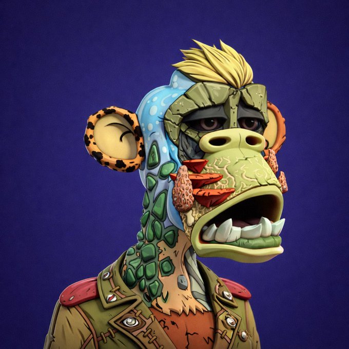 Digital 3D illustration of a stylized anthropomorphic monkey character with a punk-rock mohawk, leopard-print ears, and a military-style jacket against a purple background.