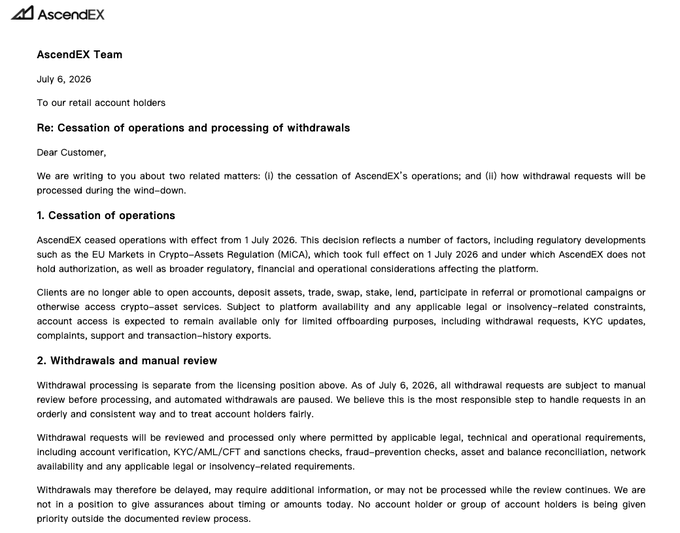 A letter from AscendEX Team dated July 6, 2026, addressed to retail account holders, announcing the cessation of operations effective July 1, 2026, due to regulatory developments like MiCA, and explaining that withdrawal requests will be subject to manual review.
