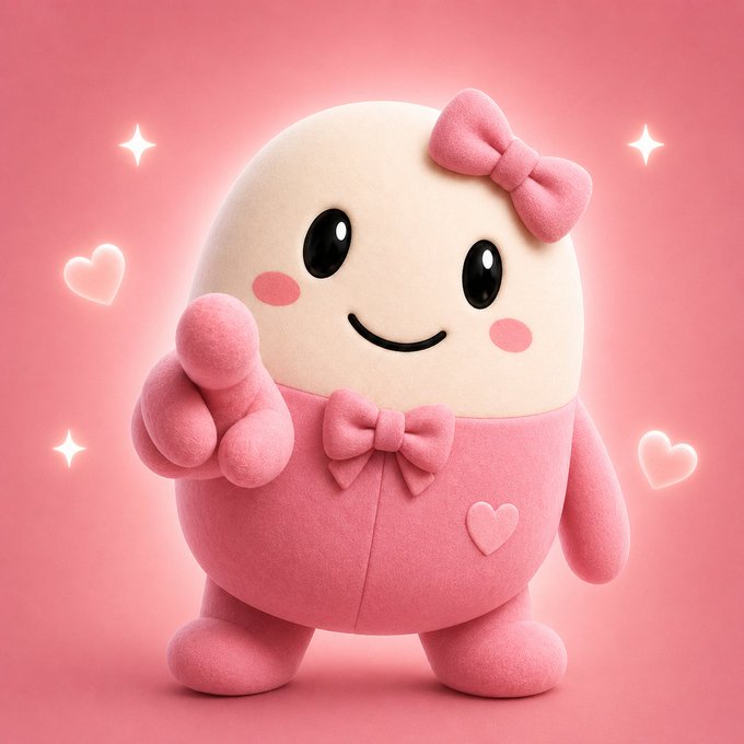 A 3D-rendered cute, pill-shaped character in pink with a bow waves against a soft pink background decorated with hearts and sparkles.