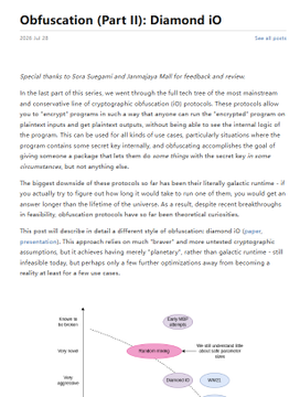 An article titled 'Obfuscation (Part II): Diamond IO' dated 2026 Jul 25, discussing cryptography obfuscation protocols with a flowchart showing encryption and decryption processes.