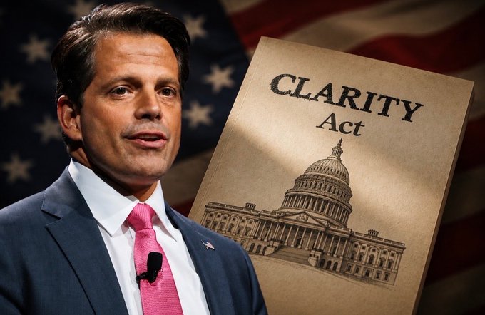 Anthony Scaramucci stands before an American flag next to a document titled "CLARITY Act," visually reinforcing his endorsement of the bipartisan ethics legislation. The "CLARITY Act" text on the illustrated document featuring the U.S. Capitol corresponds directly to the news caption about Scaramucci's prediction that President Trump will support the bill.