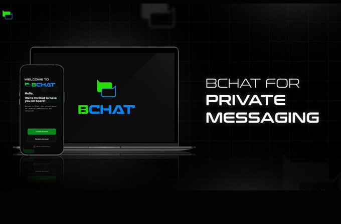 Promotional banner for BCHAT, showing the messaging app displayed on a smartphone and laptop screen, with the tagline 'BCHAT FOR PRIVATE MESSAGING' on a dark grid background.