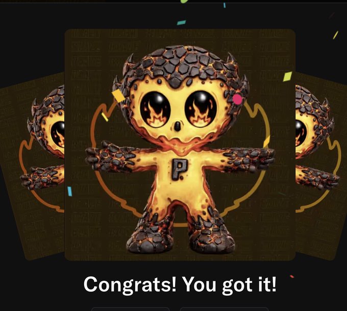 Digital collectible card featuring a cute lava-textured creature with flame-filled eyes and a "P" on its chest, with the text 'Congrats! You got it!' displayed below.