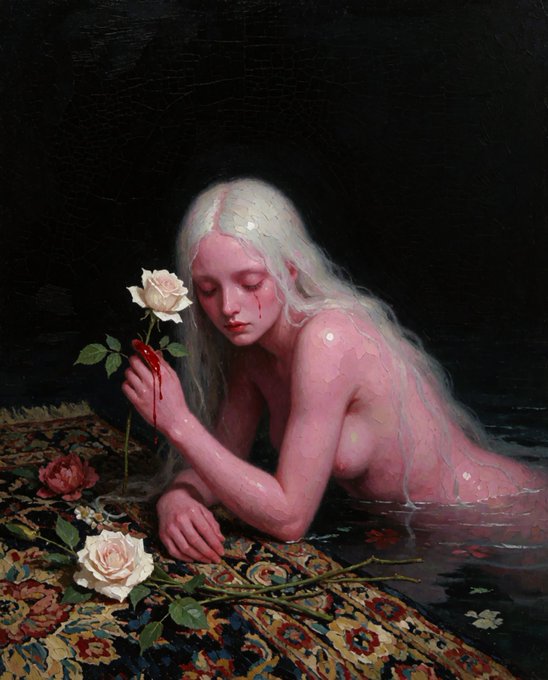 A painting depicting a pale, pinkish-skinned female figure with long white hair, leaning on an ornate rug floating in dark water, holding a bleeding white rose.