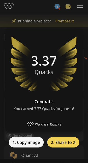 The image shows a phone screen displaying an app called Quant AI. The app has a gold background with a bird's wing design, indicating that it is related to finance or investing. The main focus of the app is to help users analyze financial data by providing insights and recommendations based on their preferences. The app also offers a feature for sharing images, as indicated by the white button in the bottom left corner.