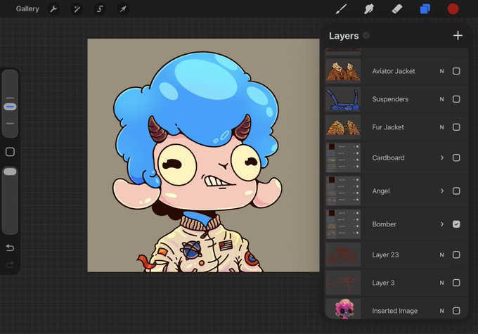 Digital illustration in progress showing a cartoon character with blue curly hair, horns, and yellow eyes wearing a bomber jacket, displayed in a drawing app with layers panel visible on the right including 'Aviator Jacket', 'Fur Jacket', 'Cardboard', 'Angel', and 'Bomber'.