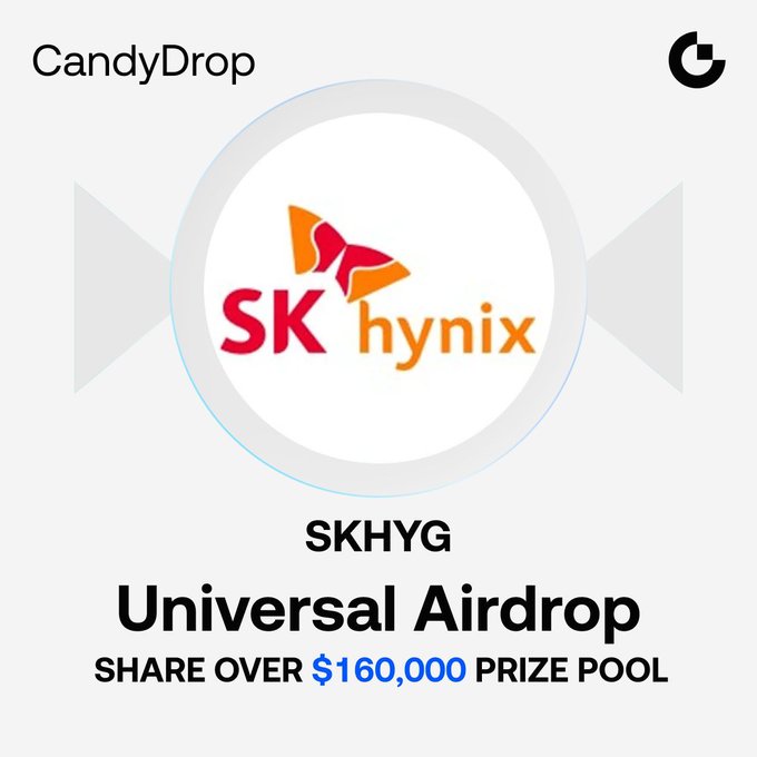 The image displays a promotional graphic for a "CandyDrop Universal Airdrop" featuring the SK Hynix logo and ticker "$KHYG" (shown as SKHYG), advertising a prize pool share opportunity of over $160,000 for the SK Hynix token campaign.